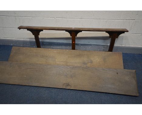 TWO BENCH TOPS, length 185cm x depth 30cm, along with a prayer stand, length 183cm x height 50cm (3)  this lot is the content