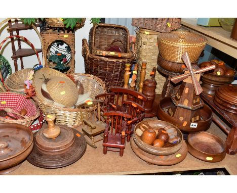 A QUANTITY OF BASKETS AND TREEN, to include turned wooden bowls made from various timbers, a model windmill height 36cm, doll