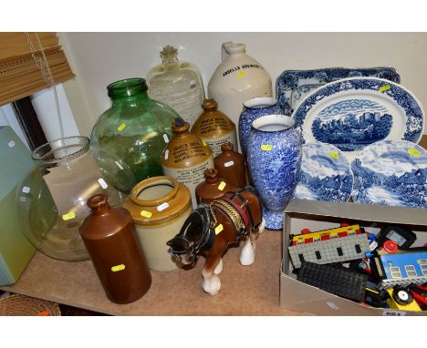 A GROUP OF LARGER PIECES OF CERAMICS AND GLASSWARES, A TYPEWRITER AND A LEGO TRAIN, to include an Imperial 200 pale blue type