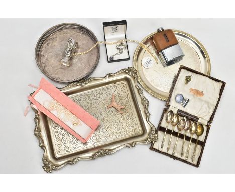 A BOX OF MISCELLANEOUS ITEMS, to include a white metal rectangular tray, a silver-plated circular tray, a silver-plate on cop