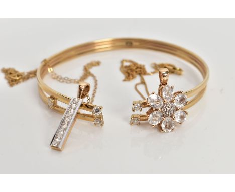 TWO GEM SET PENDANT NECKLACES AND A YELLOW METAL BANGLE, the first pendant of a rectangular form set with a row of square cut