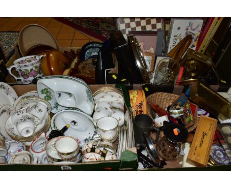 FOUR BOXES OF SUNDRY ITEMS, TEA/DINNERWARES, KITCHEN ITEMS etc, to include Royal Worcester 'Worcester Herbs' hors d'oeuvre di