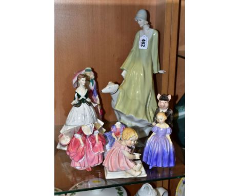 FIVE ROYAL DOULTON LADY FIGURES AND OTHERS, comprising Royal Doulton Reflections 'Strolling' HN3073, 'Miss Demure' HN1402 (br