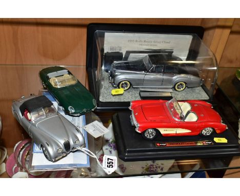 THREE UNBOXED FRANKLIN MINT DIECAST VEHICLES, all 1/24 scale, 1952 Jaguar XK120, 1961 Jaguar E Type (damage to windscreen and