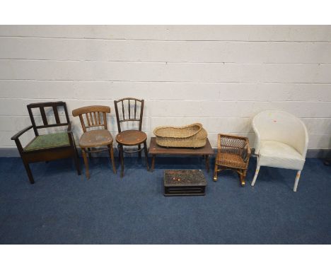 THREE PIECES OF WICKER FURNITURE, to include a Lloyd loom style bedroom chair, a small rocking chair and a small rocking crib