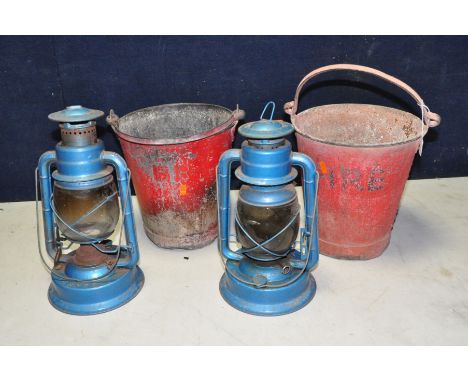 TWO VINTAGE BRITISH RAIL FIRE BUCKETS and a pair of Chalwyn Tempest Storm lamps