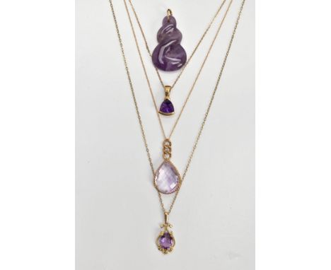 THREE AMETHYST PENDANT NECKLACES AND A CARVED AMETHYST PENDANT, the first a faceted pear cut amethyst pendant, curb link styl