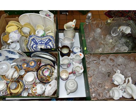 FOUR BOXES AND LOOSE CERAMICS AND GLASSWARES, to include cut glasses and decanters (flutes, wines etc), various jugs, Royal W