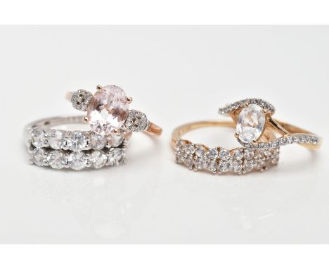 FOUR 9CT GOLD DRESS RINGS, the first a rose gold ring set with an oval cut morganite, flanked with single cut diamond detaile