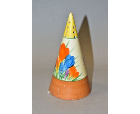 A CLARICE CLIFF CROCUS PATTERN CONICAL SUGAR SIFTER, printed marks, height 14cm (Condition report:- there is a large chip to 