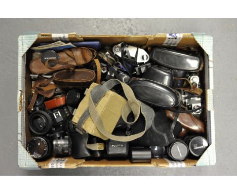 Various Cameras And Lenses: various SLR cameras and lenses including Canon T70, Pentax-M f/2.8 28mm, Pentax-M f/1.7 50mm and 