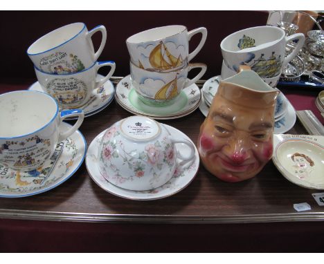 Crown Devon Pottery 'Frigate in Full Sale', 'Regatta', tapestry 'Camelot' cup and saucers, Queen Elizabeth II Coronation dish