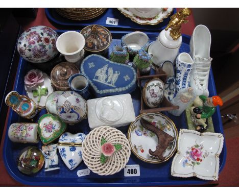 Limoges and Other Trinket Boxes, Royal Doulton 'Harmony' bell, pottery shoes etc:- One Tray