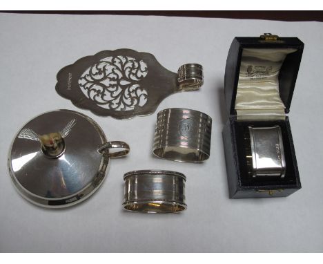 Hallmarked Silver Napkin Rings, together with a hallmarked silver oil lamp, of compressed circular form with loop handle, etc