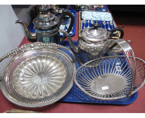 An Early XIX Century  Electroplated Three Piece Tea Set, embossed Rococo decoration, ebonised finial and spurr capped handle,