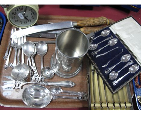 P. Brothers E.P.N.S Cutlery,with pierced decoration horn handled carving knife and forks, pewter tankard, alarm clock.