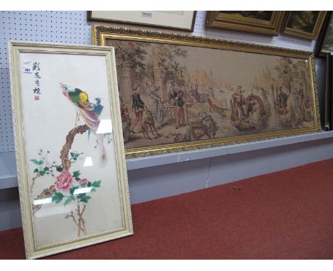 An Oriental Neddlework Picture of Exotic Birds in Blossom Tree, 70.5 x 33cm. Large Venetian scene tapestry 48 x 146cm.