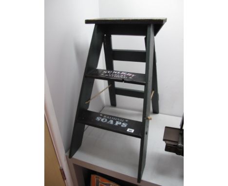 A Three Step Pine Advertising Ladder, marked 'Sunlight' luxury Bathing and 'Bathing Soaps' to steps.