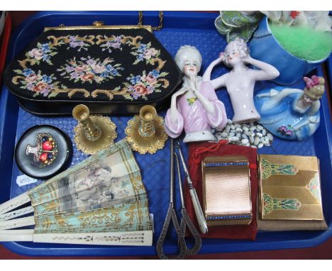 A Stratton Compact, with blue channel set highlights, an Art Deco Zenette compact, powder bowl and pin cushion ladies, tapest