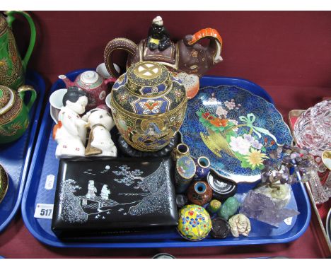 Cloisonné Plate and Miniature Vases, lacquer box with mother of pearl chinoiserie decoration, amethyst gem set wirework tree,