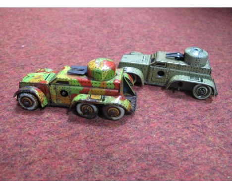 Two Mid XX Century Tinplate Clockwork Armoured Cars, one German, one Japanese.