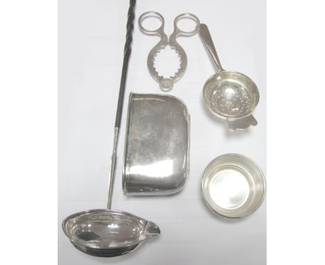 A Georgian Toddy Style Ladle, with lipped oval bowl and twisted handle, an egg topper, tea strainer etc.