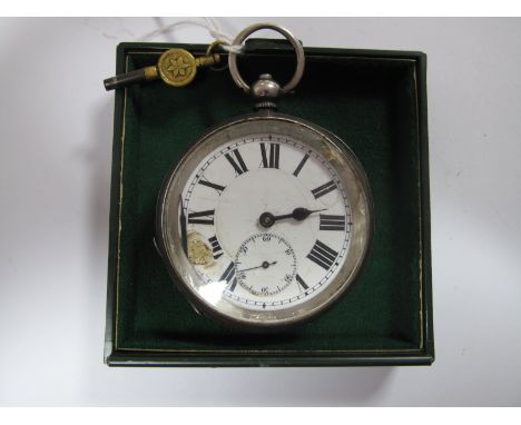 A Hallmarked Silver Cased Openface Pocketwatch, the white dial (damages) with black Roman numerals and seconds subsidiary dia