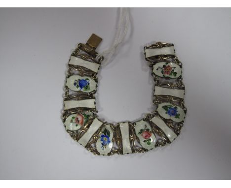 Ivar Holt; A Norwegian Enamel Panel Bracelet, of openwork design detailed with flower heads on white ground, to snap clasp, s