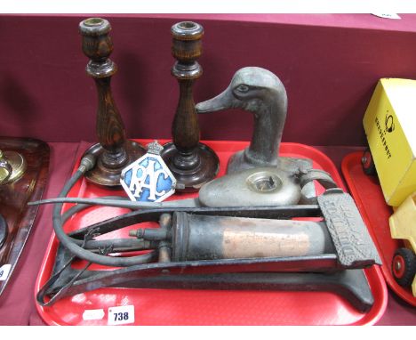 Dunlop Foot Pump, Braime's oil can, RAC badge, oak candlesticks, duck head figure:- One Tray