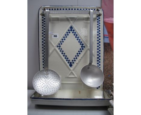 Enamelled Kitchen Wall Tidy, probably French, with blue checks on a white background, welled base, ladle and sifter to upper 
