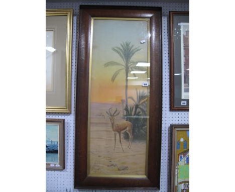 Coloured Print, Ibex by Palm Tree, 89.5 x 31.5cm, in oak frame.