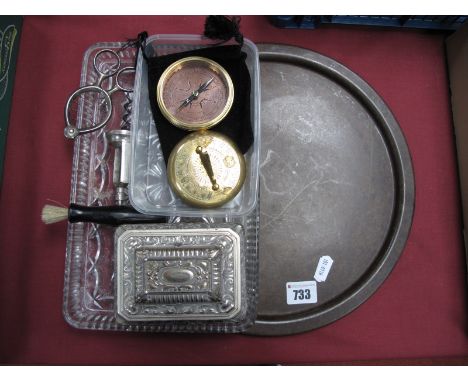 A Vintage Egg Topper, of scissor action, together with a corkscrew, a trinket box of foliate design, a glass dressing table t