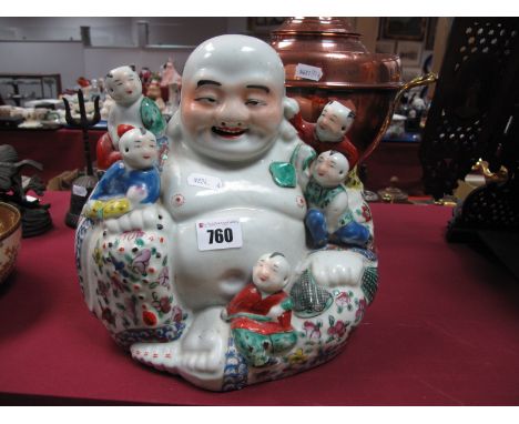 Chinese Pottery Buddah Figure with Five Offspring in Attendance, 24cm high, oval stamp under base.