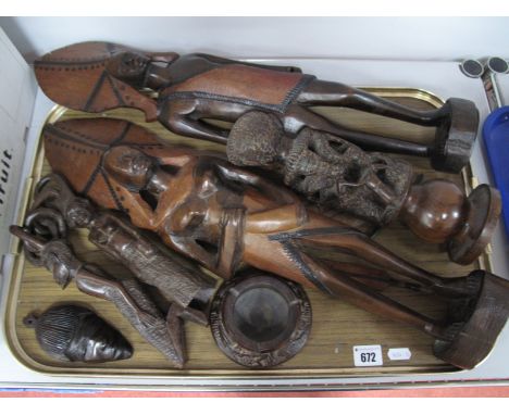 A Carved African Hardwood Candlestick, as many figures, ashtray, etc:- One Tray