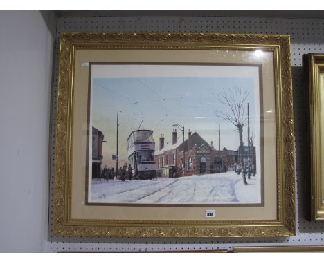 Peter Owen Jones, 'Winter Tram Scene' Sheffield, colour print, 40 x 53cm, (dropped, signed under mount).