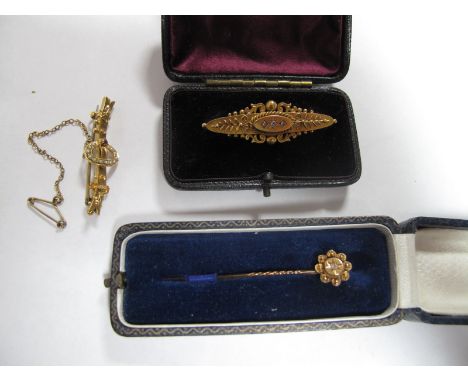 A Chester Hallmarked "15ct" Gold Bar Brooch, with seed pearl highlights; together with another "15ct"gold Chester hallmarked 