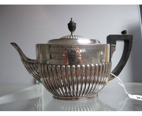 A Hallmarked Silver Tea Pot, Messrs Hutton, London 1900, of oval semi reeded form, bearing presentation inscription "I.O.O.F.