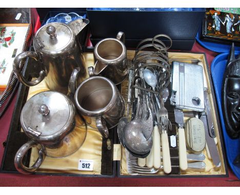 Hotel Plate Four Piece Tea Service, Bennet &amp; Heron and other cutlery, toast rack, chrome lighter cigarette case, 1871 nic