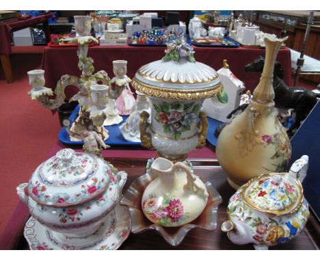 Continental Candelabra, (damage), campagna urn, Austrian vase, Hammersley teapot, Whieldon tureen, etc:- One Tray and boxed p