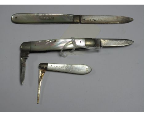 A Hallmarked Silver and Mother of Pearl Single Blade Folding Fruit Knife, initialled; a pocket folding knife (damages) with m