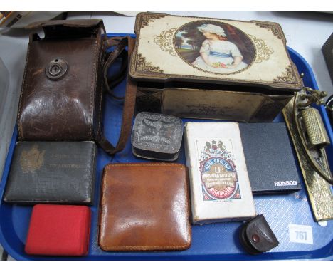 A Voightlander Camera, Orient Line playing cards, eight day travelling clock, Aston &amp; Co buttons, Ronson lighter, brass G
