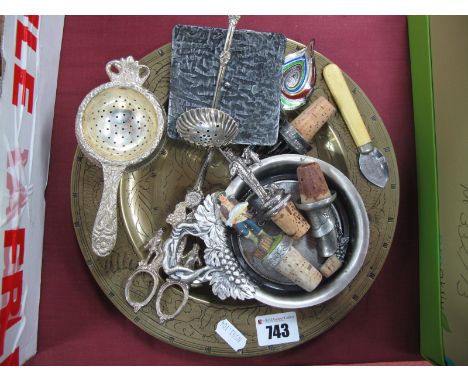 Bottle Stoppers, tea strainer on dish, "The Mo-it" peeler, grape scissors, brass dished plate etc.