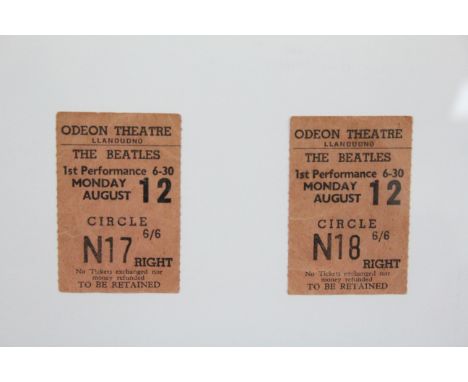 Memorabilia - 2 The Beatles ticket stubs for their Monday 12th of August 1963 gig at the Odeon Theatre, Llandudno in VG condi