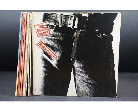 Vinyl - 12 Rolling Stones LPs to include Sticky Fingers (working zipper, with insert), self titled (Carol on sleeve and label