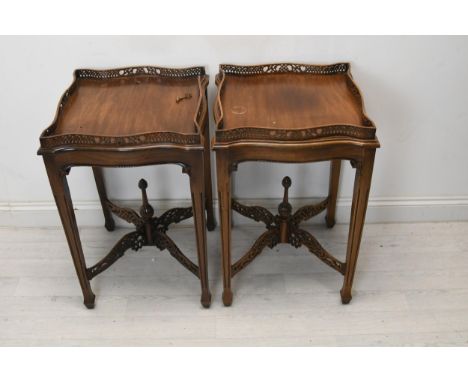 Lamp tables or occasional tables, a pair, Chippendale style mahogany. H.75 W.48 D.48 (In need of repair as shown). 