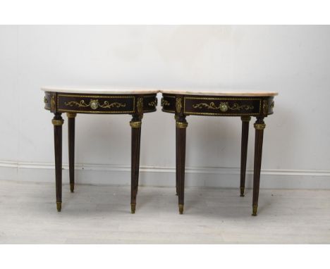 Lamp or occasional tables, a pair, marble topped mahogany Empire style with ormolu mounts. H.60 Dia.60 