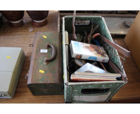 A metal tool box and a box of various tools etc