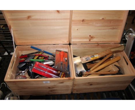 Two pine boxes and contents of various tools