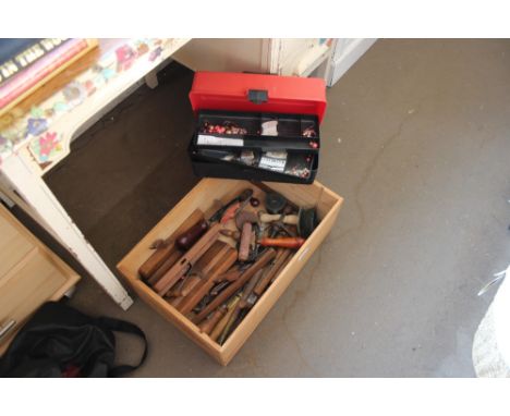 A box of various tools to include moulding planes etc