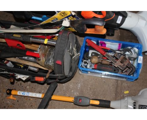 A Stanley tool bag and plastic box of various hand tools 